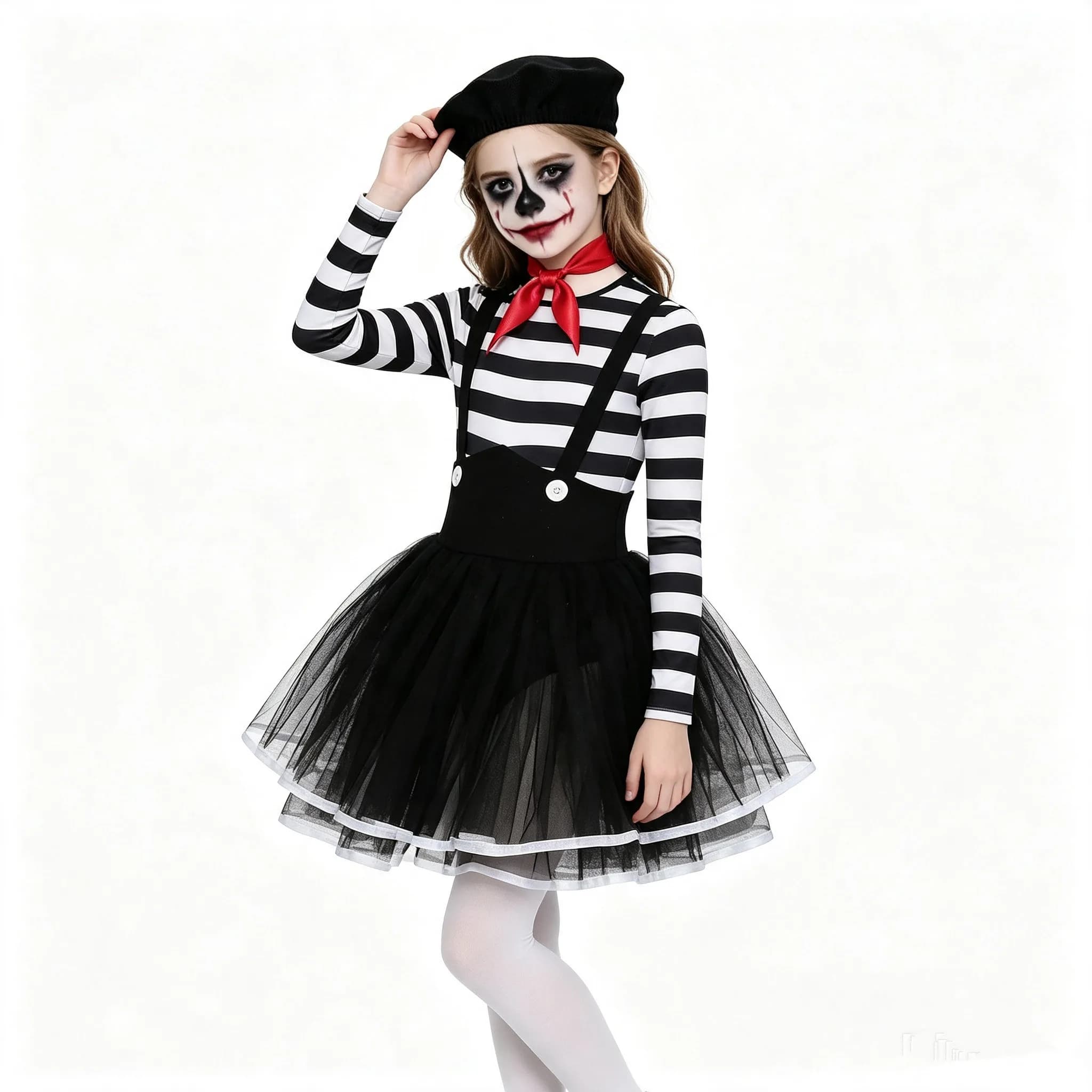 Kids Girl Long Sleeve Mesh Tutu Circus Wicked Clown Jester Dress with Hat Neck Scarf Halloween Masquerade Carnival Party Costume