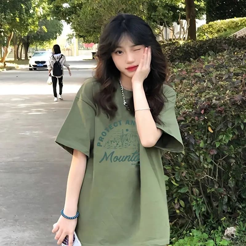 plus Size Loose Fit Short Sleeve T-Shirt Women's Summer Style Korean round Neck Print Cotton Blend Casual Top for Students