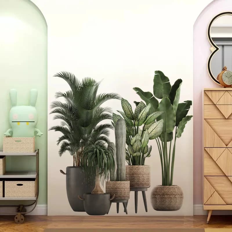 2 pezzi di piante verdi tropicali in vaso decorazione da parete, camera da letto, soggiorno, foyer, adesivi autoadesivi per abbellimento domestico