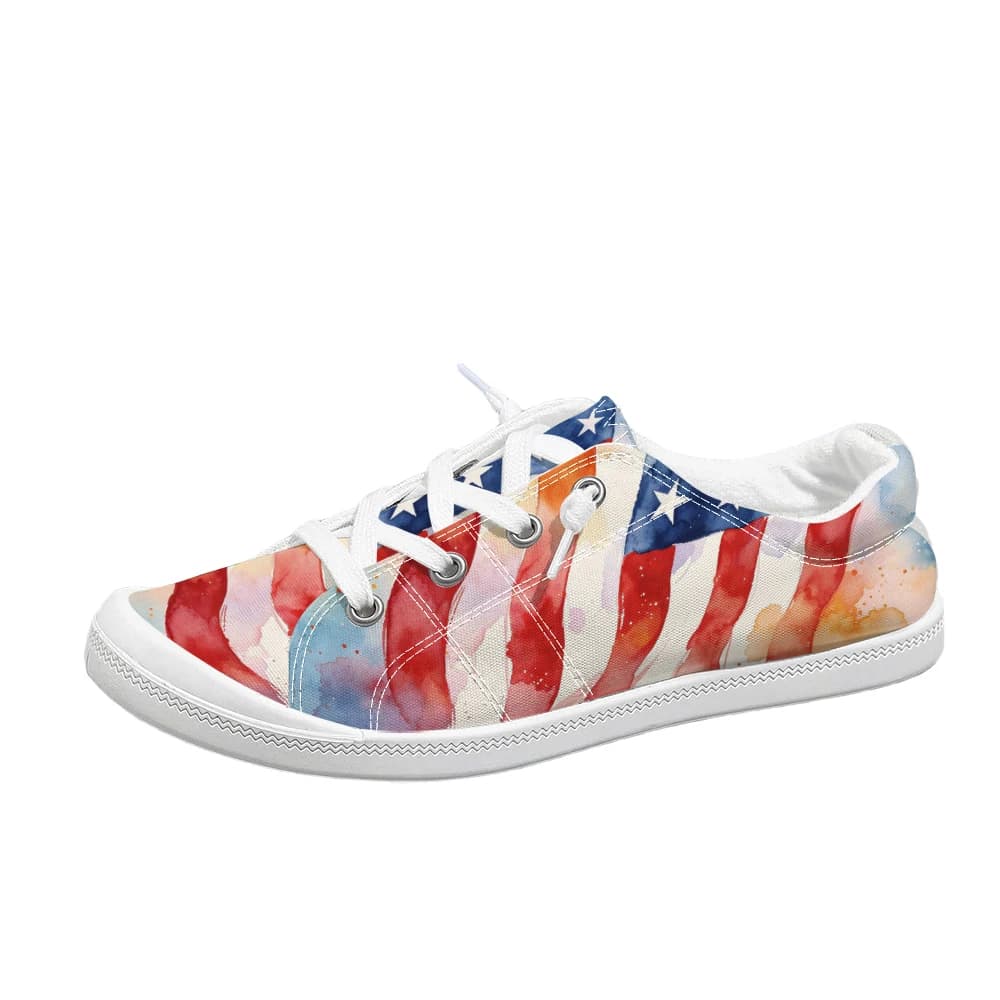 Independence Day Watercolor US Flag Print Women Lace Up Canvas Shoes