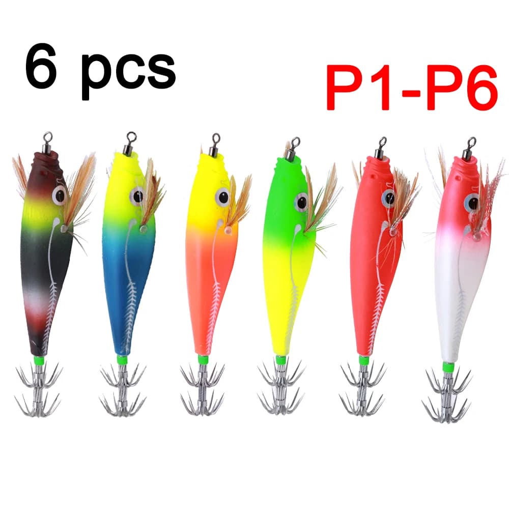 6 pz Luminoso Orizzontale Calamari Jig Legno Gamberetti Calamari Gancio Esche Da Pesca Polpo Seppie Gamberetti Esche Acqua Salata