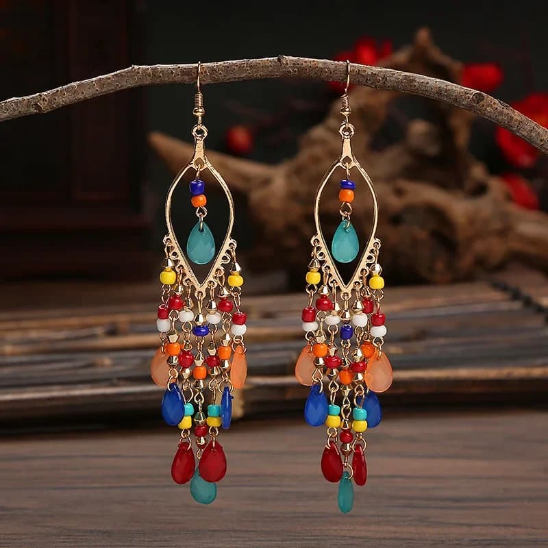 Orecchini Lunghi Boho Etnici con Perline per Donne, Orecchini Pendenti con Cristalli Colorati e Nappine, Gioielli alla Moda per Ragazze e Feste