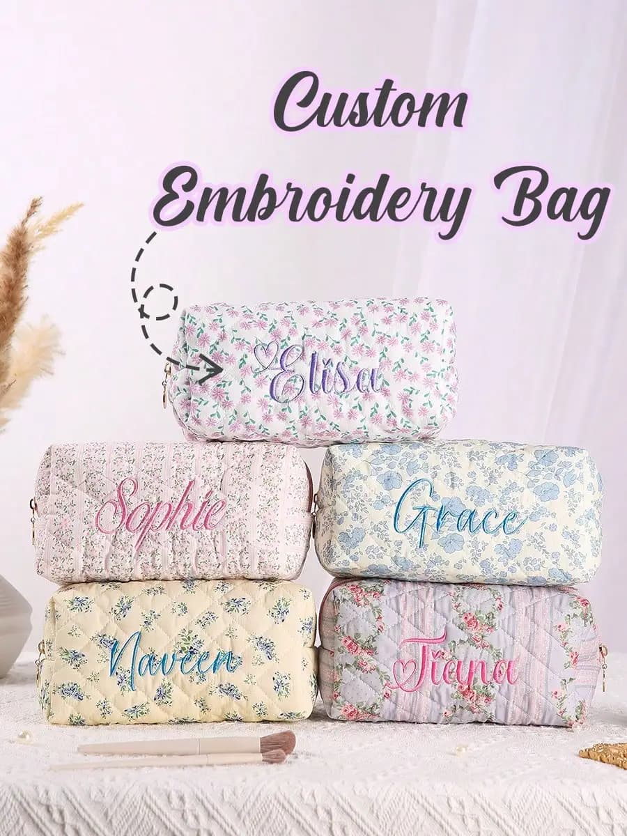 Custom Embroidery Bag Personalized Name Makeup Pouch Floral Quilted Cosmetic Bag Women Girls Gift Toiletry Organizer Pencil Case