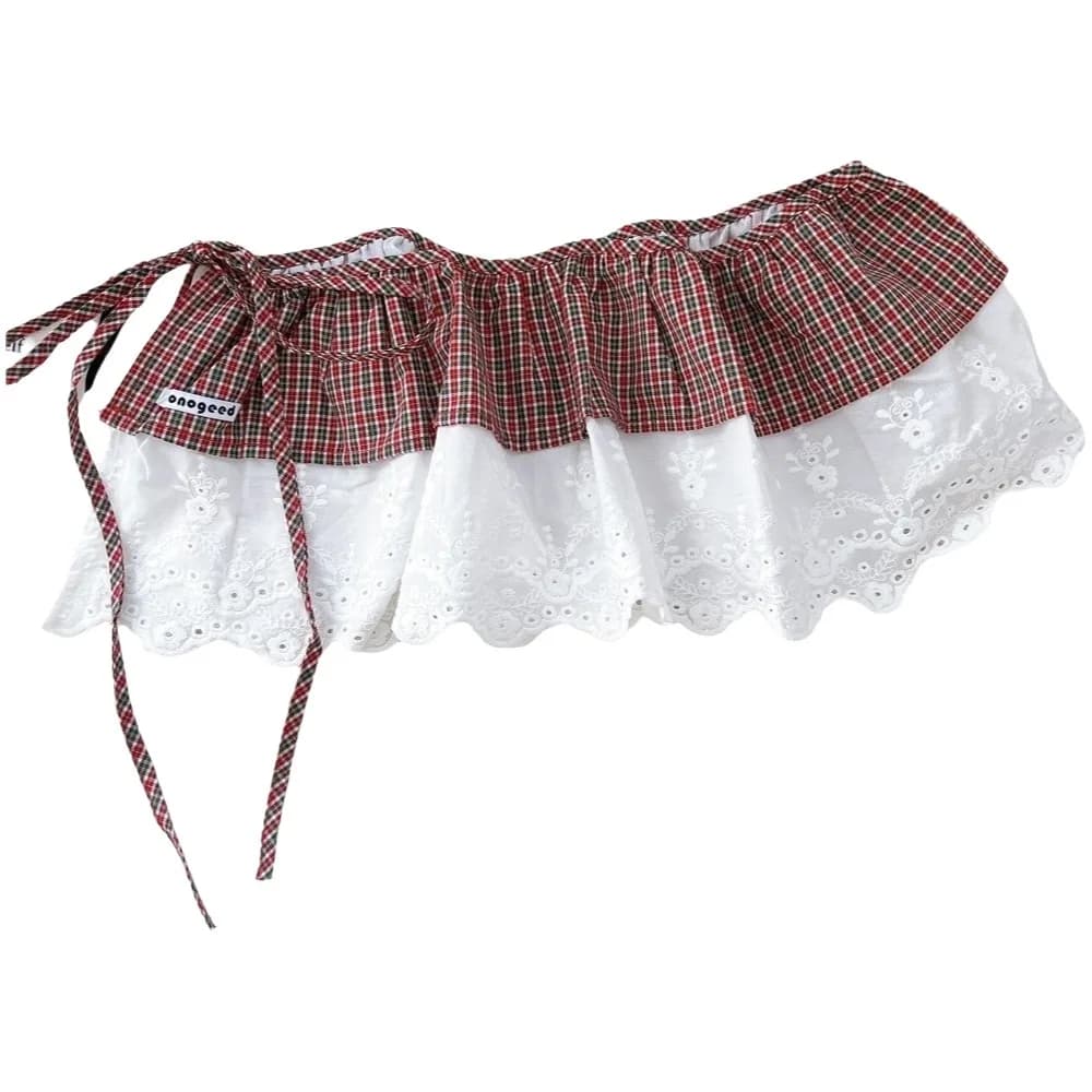 Fashionable Balletcore style women's miniskirt, with striped volant and lacing, lace, Korean style and pastoral