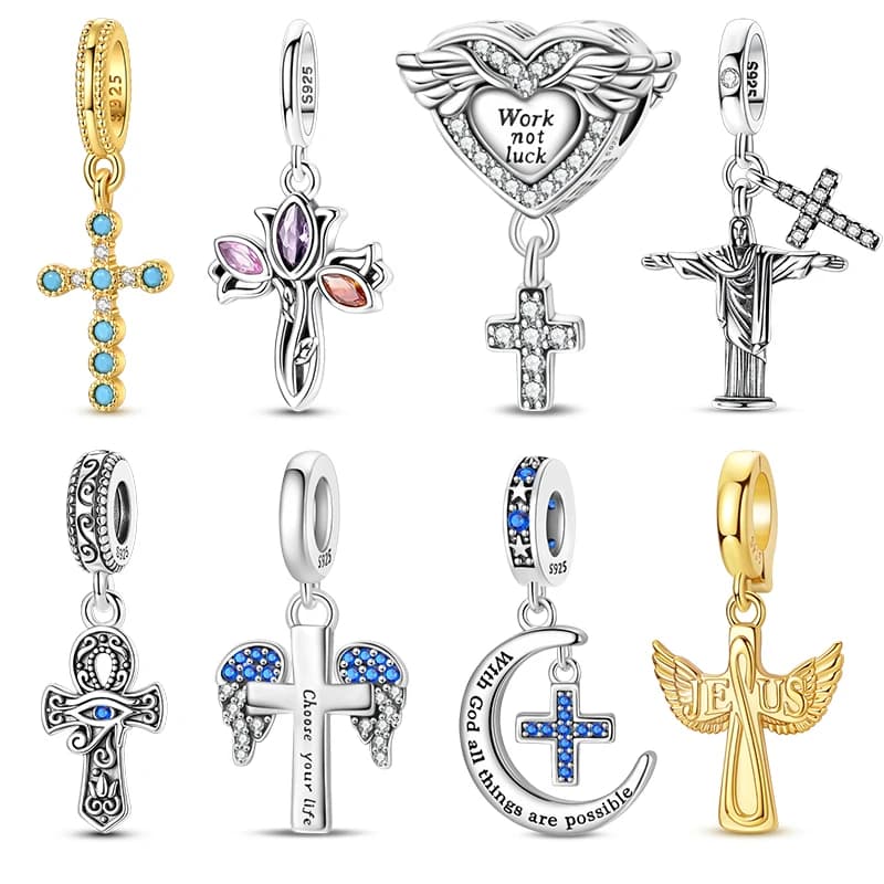 925 Sterling Silver Cross Dangle Charms CZ Zircon Wing Jesus Ankh Pendant Beads For Women DIY Bracelet Birthday Jewelry Gift