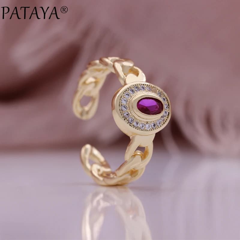 PATAYA Luxury 585 Rose Gold Color Ethnic Bride Wedding Ring Natural Zircon Weaving Patterned Ring for Women Jewelry