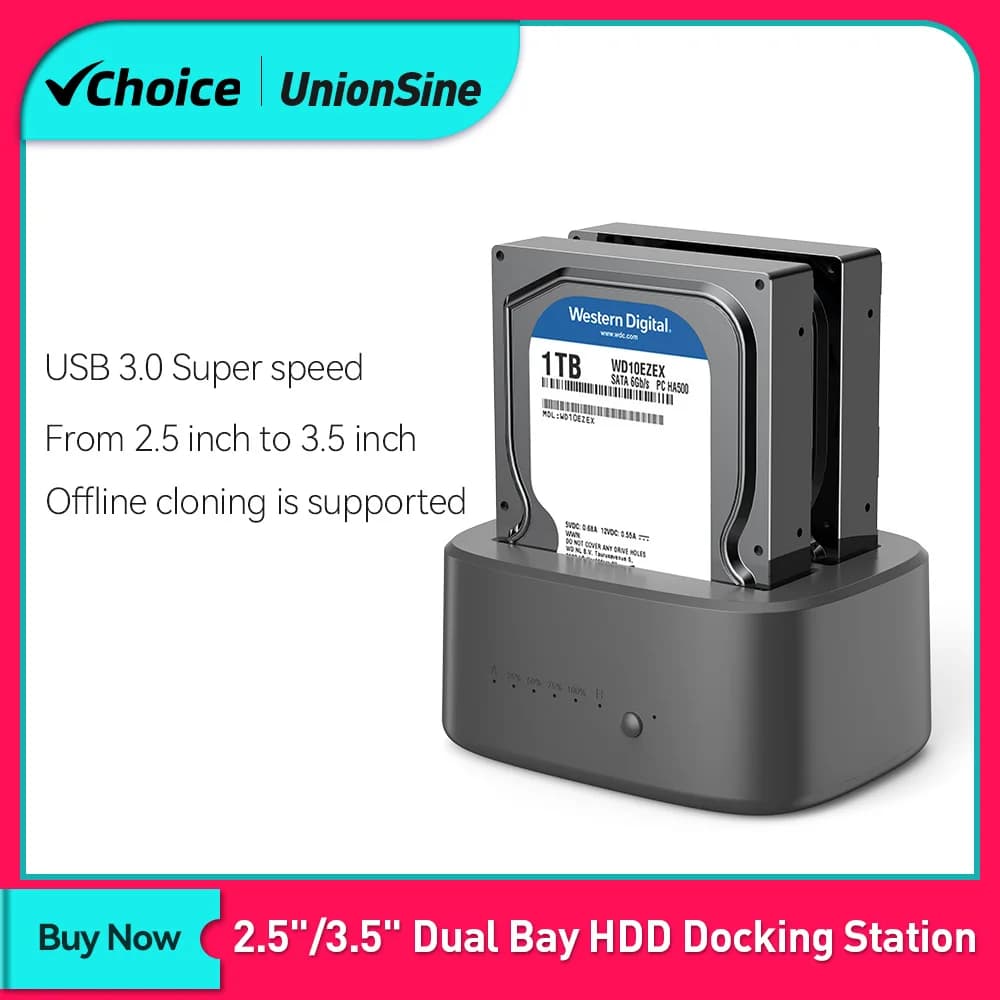 Docking Station HDD UnionSine Dual Bay con Clone Offline da SATA a USB 3.0 Docking Station Clone HDD per custodia HDD SSD da 2.5/3.5''