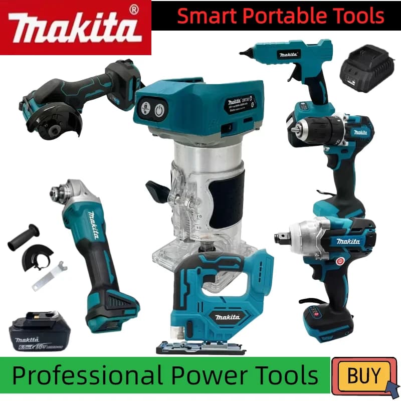Kit Combo di Utensili Brushless ad Alte Prestazioni Makita 18V: Smerigliatrice Angolare, Motosega Elettrica, Gonfiatore d'Aria, Pistola per Colla a Caldo, Troncatrice