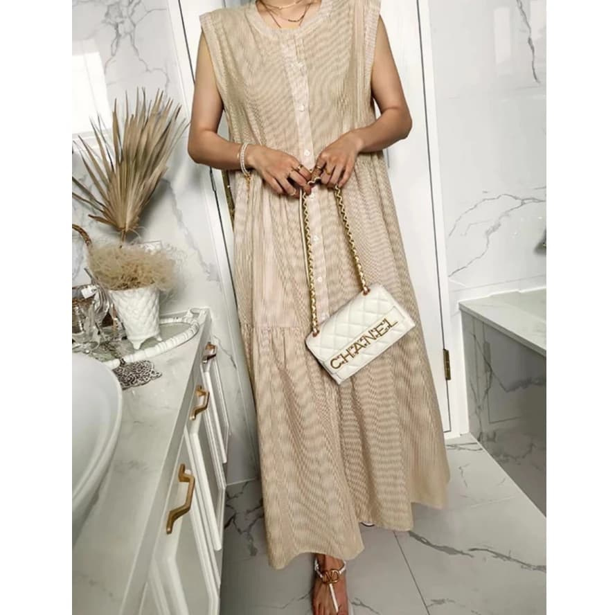 Korean Style Chic Summer New Color round Neck Sleeveless Single Button Shirt Dress with Pockets A-Line Skirt for Women