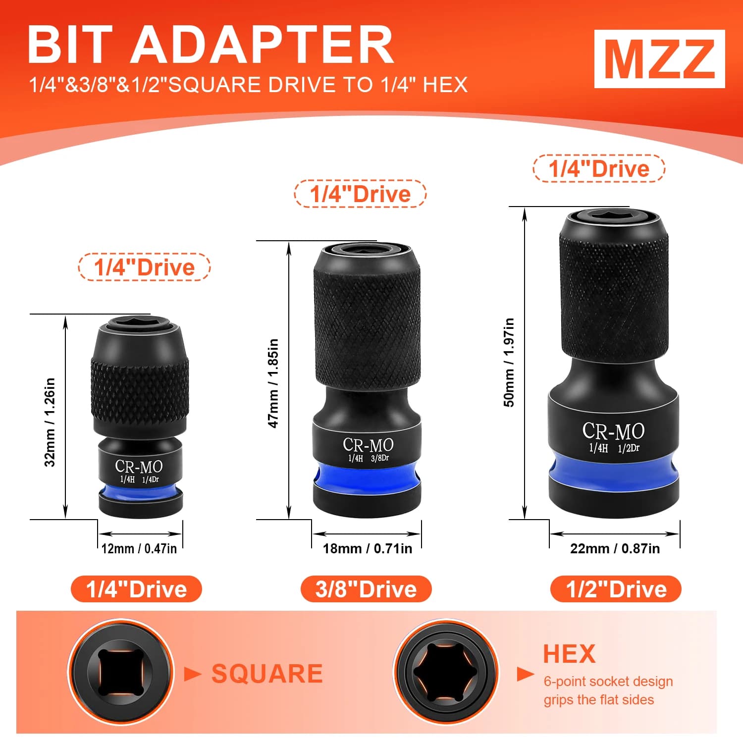 1/2 3/8 1/4-Inch Impact Hex Converter for Screwdriver Bit Square Drive to 1/4-Inch Quick Release Hex Socket Wrench Adapter
