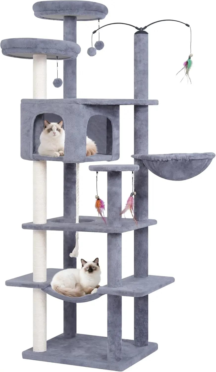 Grande Albero per Gatti, Torre per Gatti con Cuccia Multi-Livello, Amache, Giocattolo Rotante (Grigio, 63,4'')