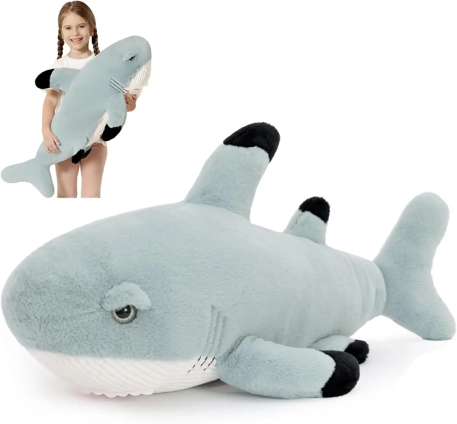 Peluche a forma di squalo grigio da 32 pollici, cuscino gigante da 2,6 piedi per bambini e adulti, regalo realistico a tema oceano
