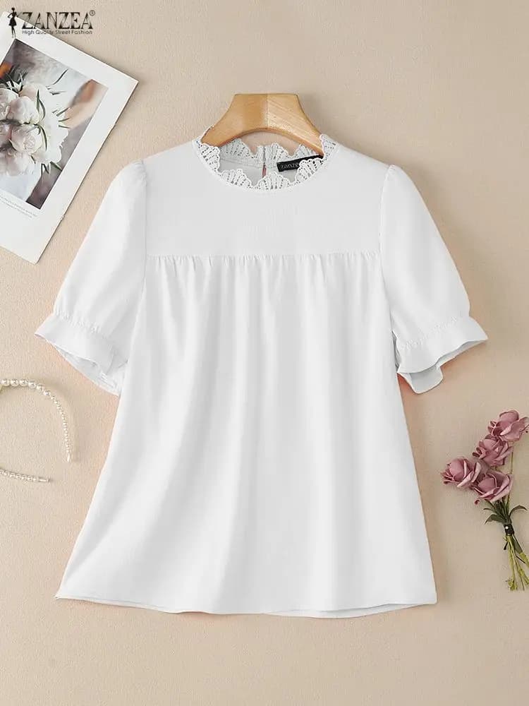 ZANZEA Camicette da ufficio eleganti con maniche a sbuffo 2026 Camicetta estiva da donna Elegante manica corta in pizzo Patchwork Top Camicia casual solida