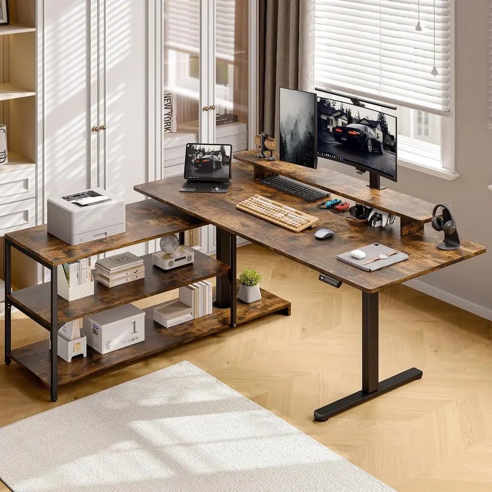 Scrivania a L con Armadietto Portadocumenti, Scrivania Elettrica Regolabile in Altezza 55x24 con Monitor e Ripiano Portaoggetti, Altezza Regolabile 2846 f