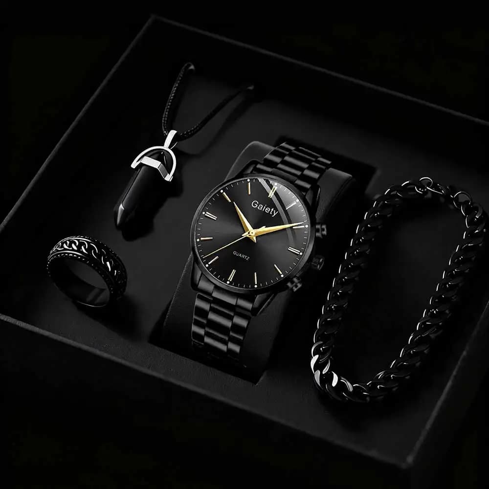 Set di orologi minimalisti da uomo neri da 4 pezzi Set di linee alla moda da lavoro Scala quadrante rotondo Orologio al quarzo Bracciale Collana Anello Set Regalo perfetto