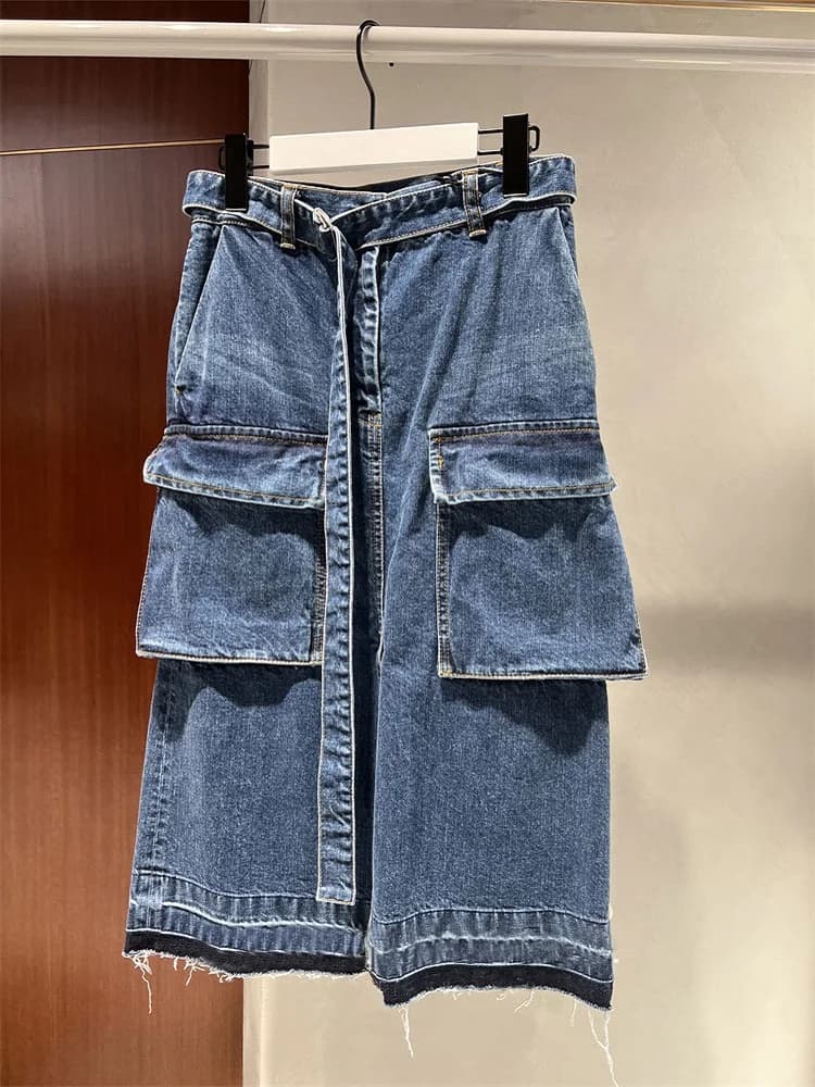FOG SACAI Denim Skirt Slim Fit Belt Design Casual Pocket Half-length Spring Summer New Style Cotton High Waist H-type Skirt