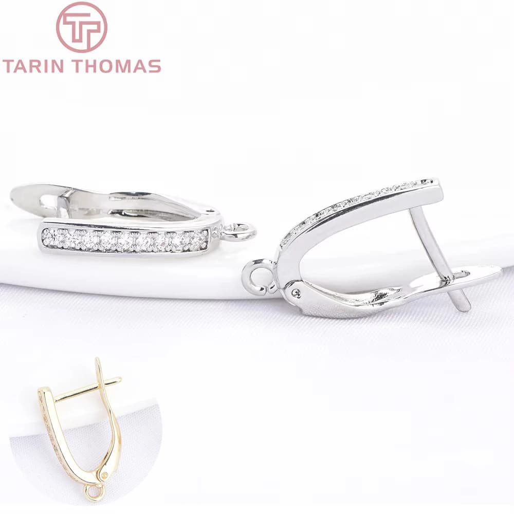 (10016) 4PCS 12x17.5MM Platinum Color Brass with Zircon Long strip Shaped Earrings Buckles High Quality Jewelry Making Findings