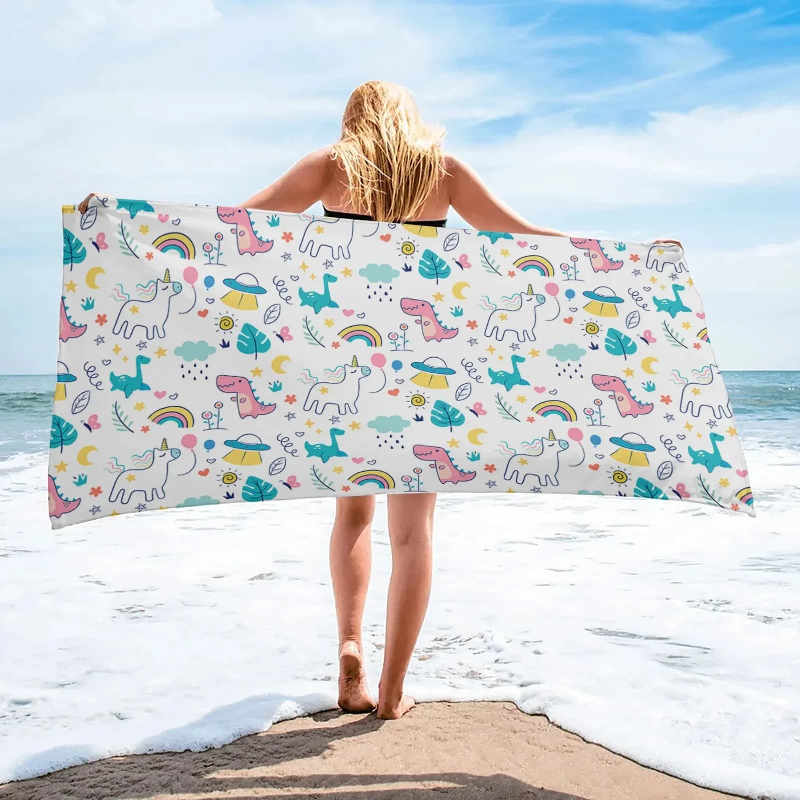 Rainbow Cartoon Dinosaur Watercolor Beach Towel Sports Bathroom towel in microfiber fast drying Yoga Mat for Adult Outdoor picnic blanket
