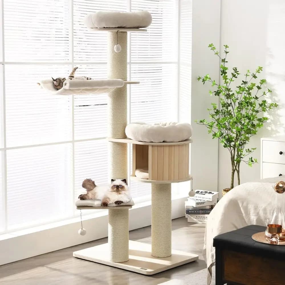 Torre per Gatti Multi-Livello Grande con Cuccia, Amache, Cesto Sospeso, Pali in Sisal, Cuscini Lavabili per Gatti da Interno