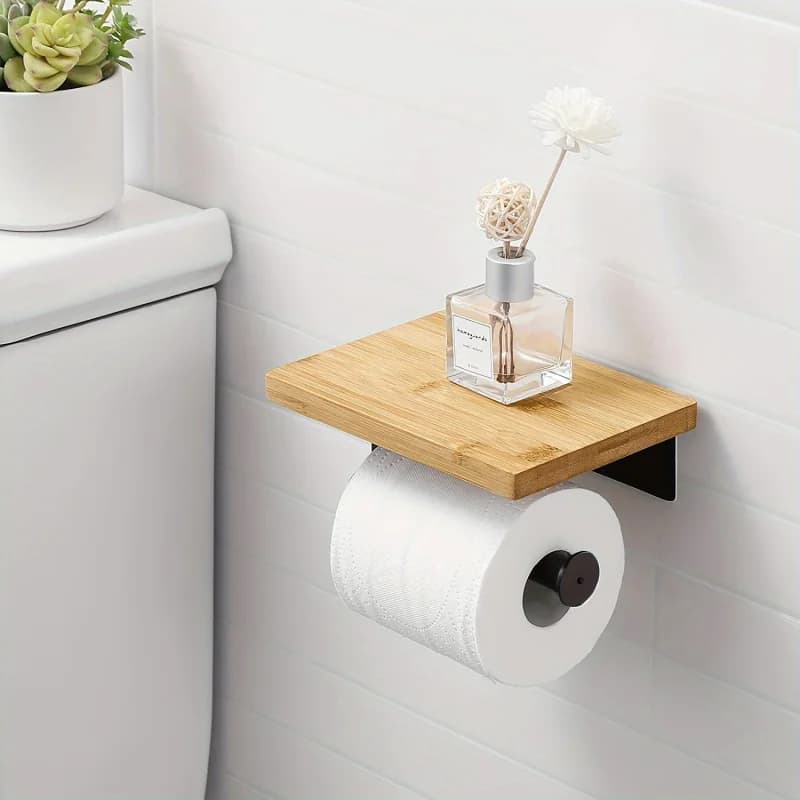 Mensola adesiva a parete e porta carta igienica per lavabo del bagno. Organizer per toeletta in legno massello con installazione senza trapano