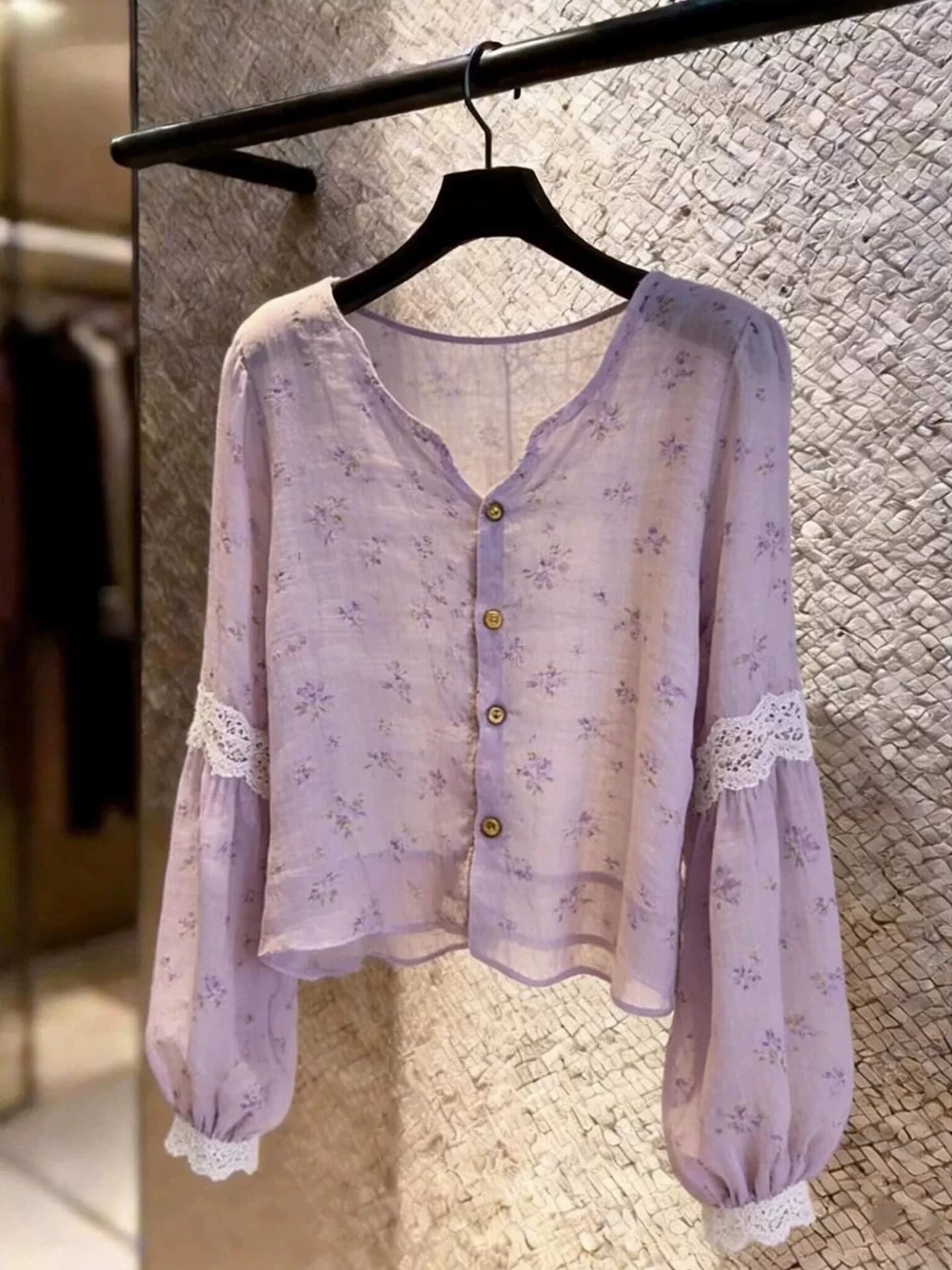 Camicia Estiva da Donna Viola Unica e Bellissima, Nuova Collezione 2026, Stile Europeo alla Moda, Scollo a V, in Pizzo, Protezione Solare, Manica Lunga, Stile Coreano