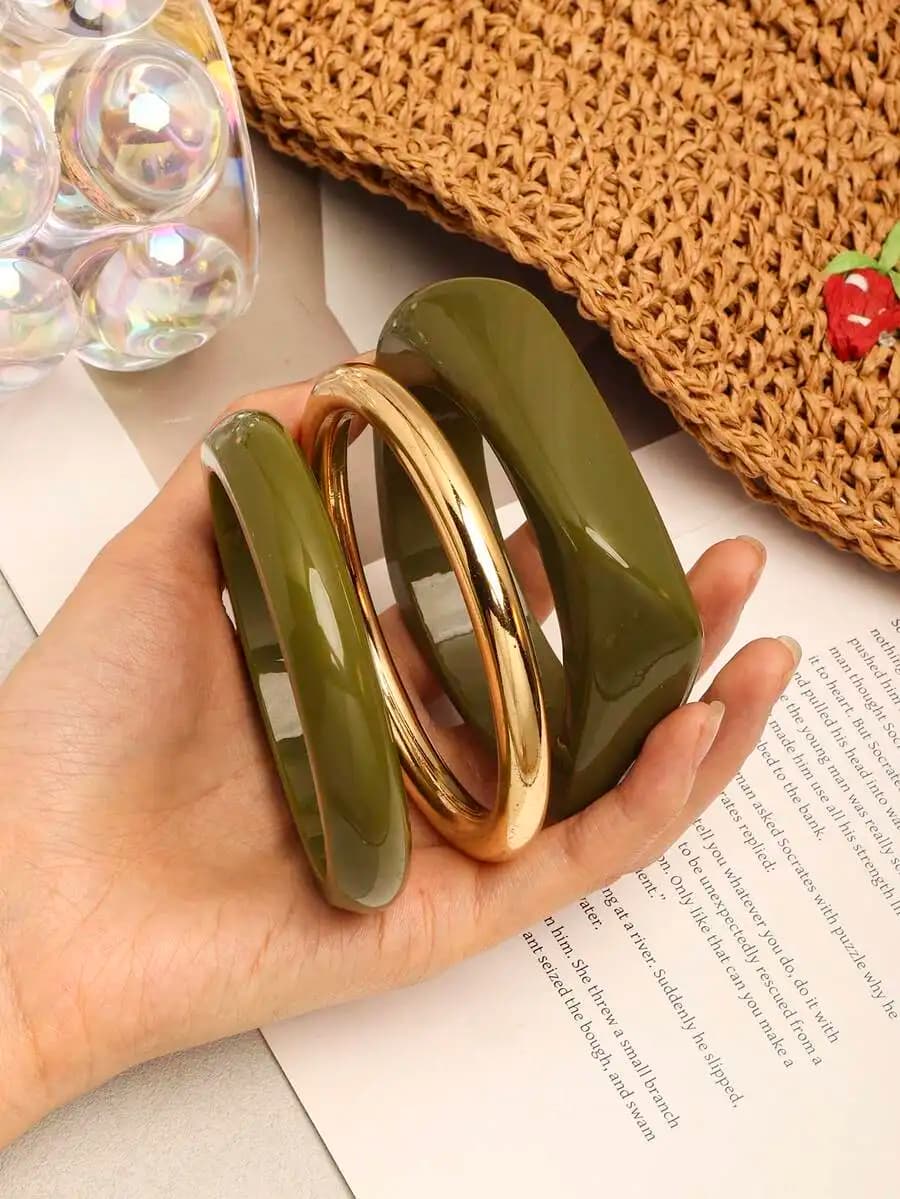 Set di 3 Bracciali Asimmetrici Esagerati in Acrilico Verde, Tono Oro, Braccialetti Versatili e Alla Moda per Donne