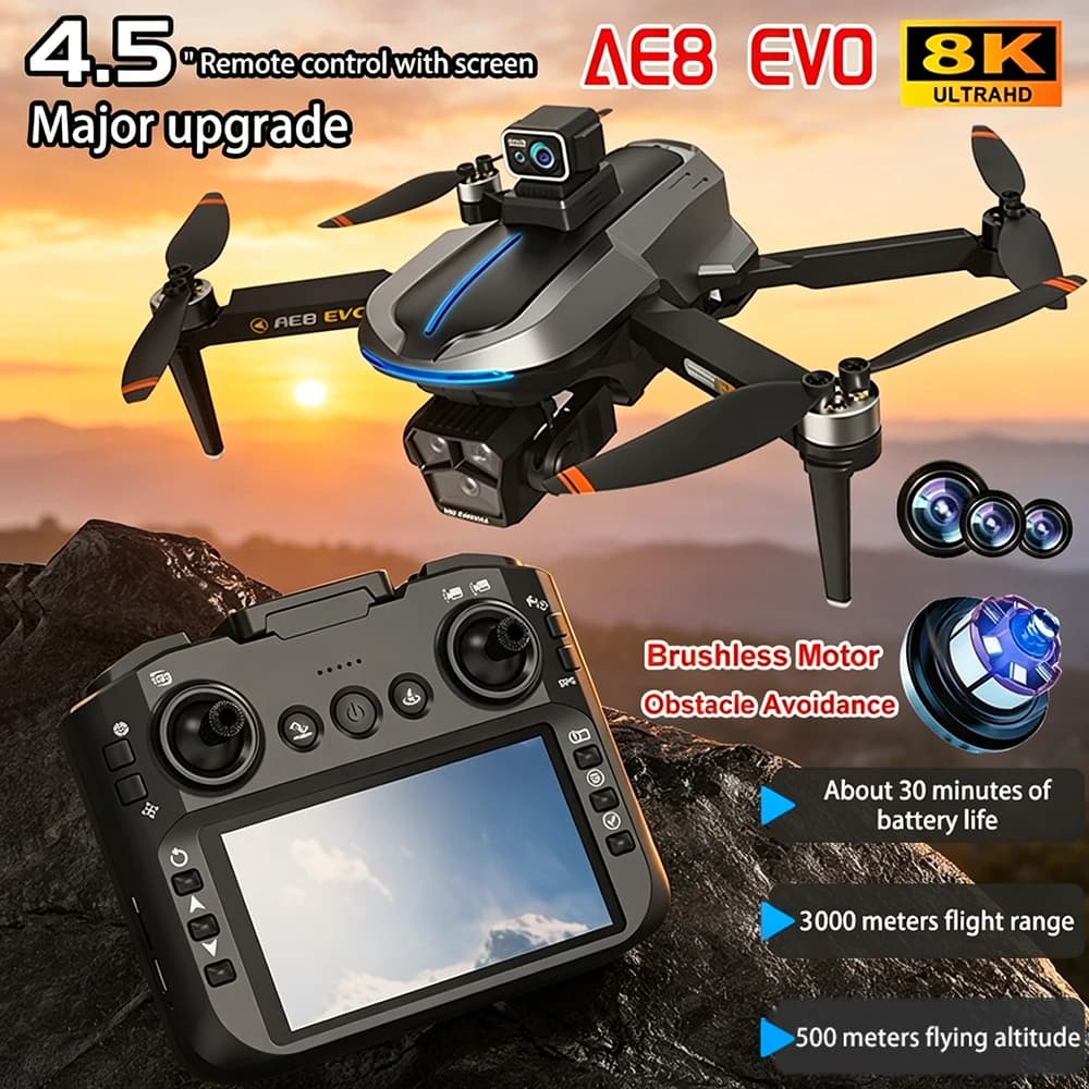 Drone AE8 EVO 4K Professionale con GPS 5G, Tre Fotocamere HD, Brushless, Rotazione 360° ° Drone Giocattolo Pieghevole con Evitamento Ostacoli