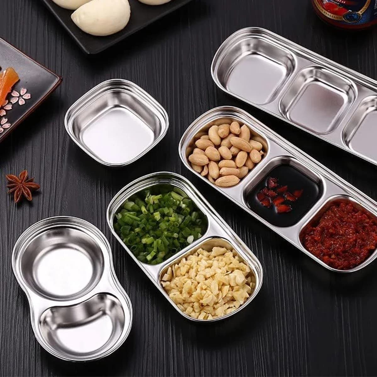 2 pezzi in acciaio inox campeggio condimento piatto vassoio piatto salsa piatti spezie pepe arrosto carne salsa piatti ciotola BBQ stoviglie Set