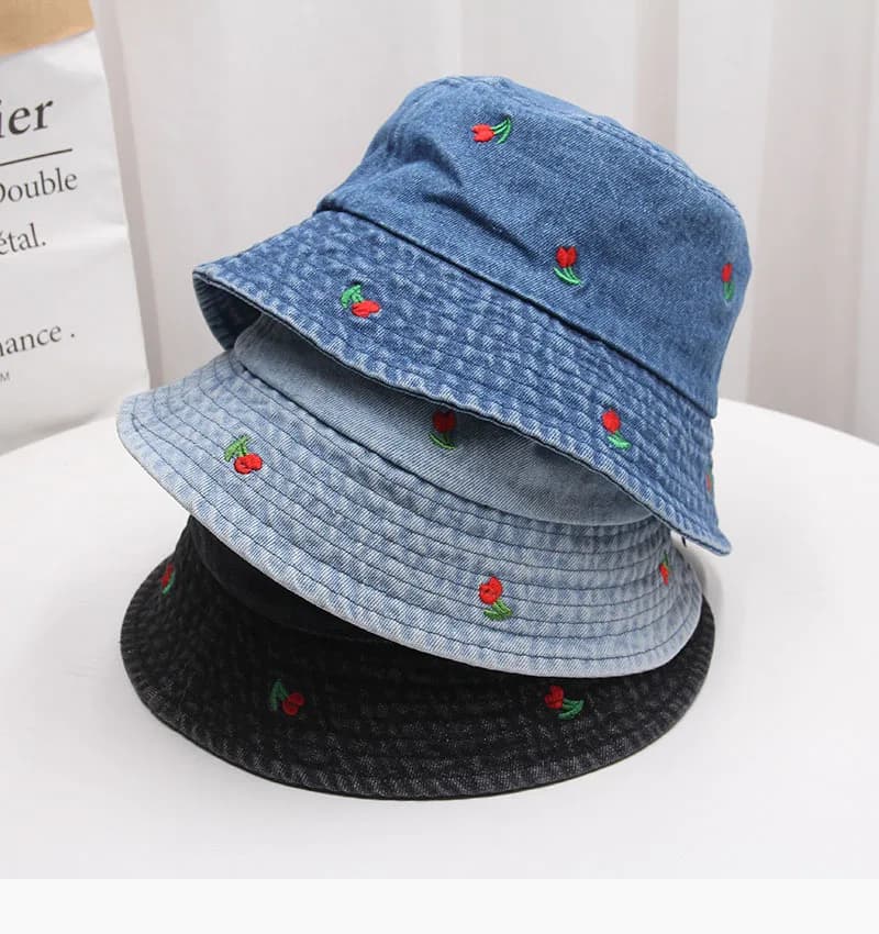 Denim Fisherman's Hat with Solar Protection, No Embroidery, Vintage Style with Pattern Cherry, Women's Summer Gift