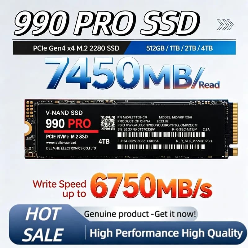 New 990 PRO 512GB-4TB SSD M.2 2280 NVMe PCIe Gen4, 7450MB/s Read Performance, High-Speed Drive Perfect for Laptop and Desktop.