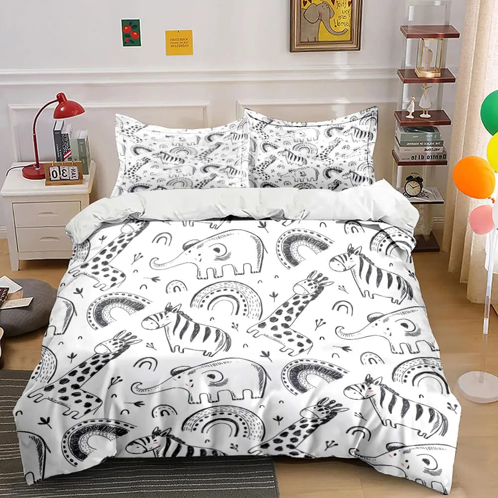 Animali, arcobaleni, design giocoso. Set di Biancheria da Letto Stampata: 1 Copripiumino e 2 Federe per Adulti e Bambini, Regalo di Lusso, Misura Completa