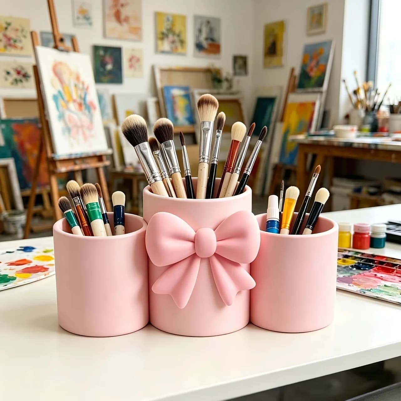 1 Piece of Pink Exquisite Bow-Shaped Storage Box, Sturdy and Durable, Suitable for Storing Stationery, Makeup Brushes, Toothbrushes, and Tooth Storage. Exquisite Desktop Decoration, Suitable for Living Room, Bedroom, D