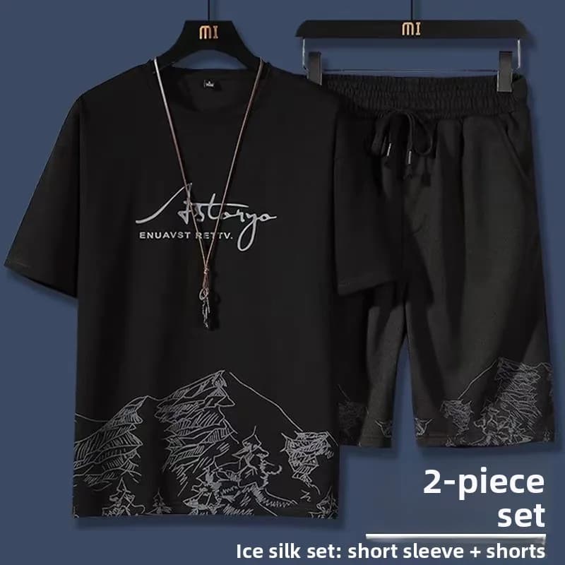 Men's Casual Sportswear Ice Silk Thin Set Summer Trendy Loose Large Size Youthful Short Sleeve T-Shirt And Shorts Ensemble