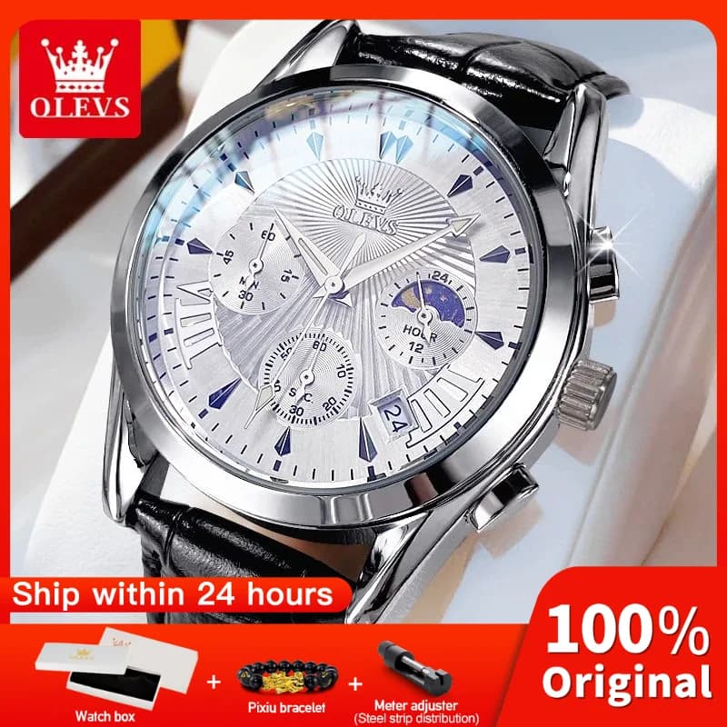 OLEVS 2876 Orologio da uomo Orologio da polso al quarzo luminoso impermeabile Quadrante Cronografo multifunzionale Orologio con calendario singolo Fasi lunari