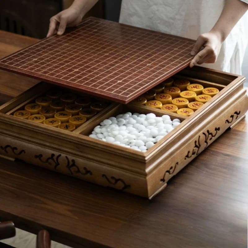 Wooden Game Board Set for Go, Gomoku & Chinese Chess, Solid Wood Carved Table with Storage Trays, Game Pieces Included