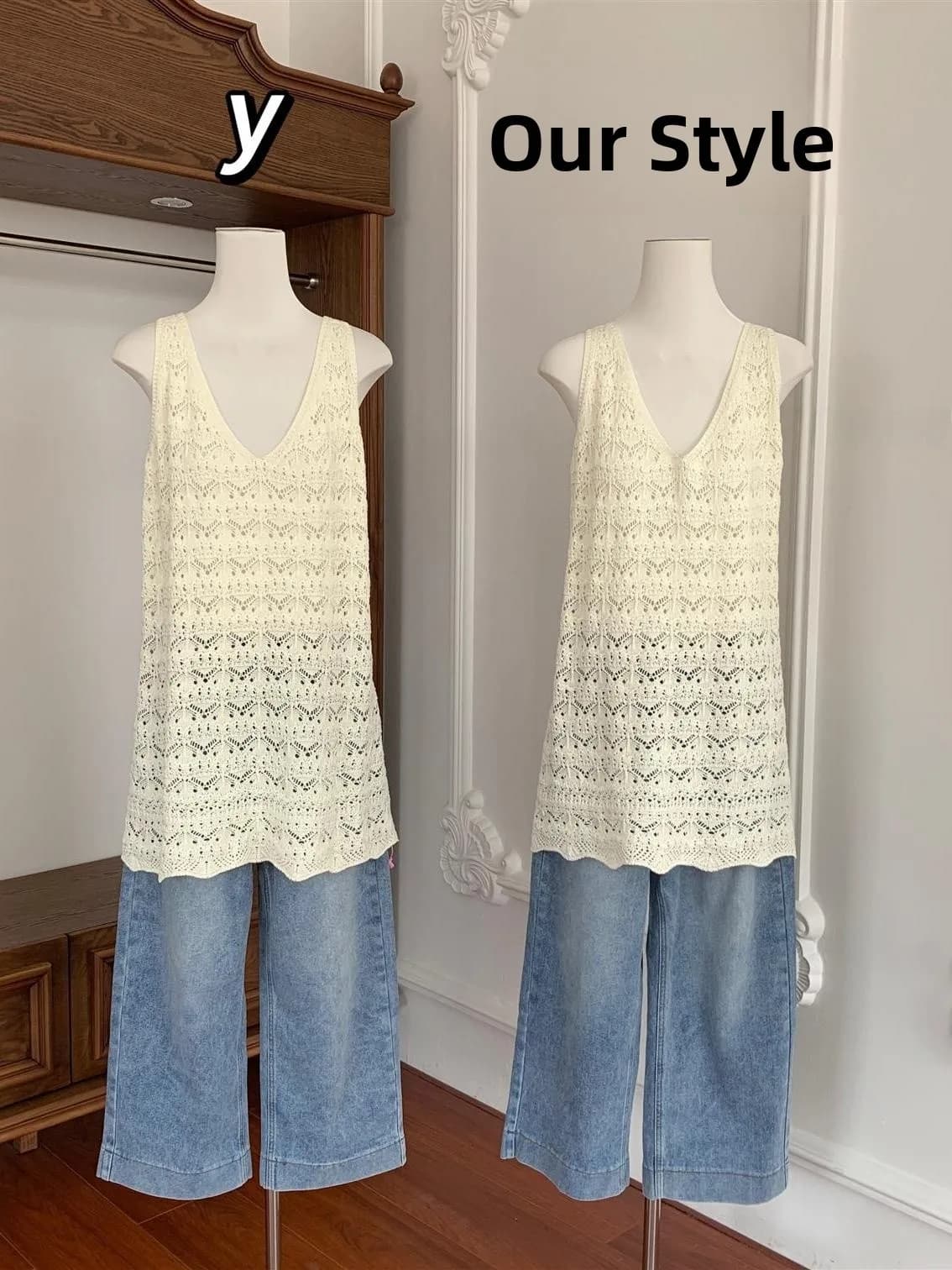 Early Spring New Fashion Simple Handmade Crochet Knitted Vest Skirt Loose Mid-Length Layered Top Women's Clothing
