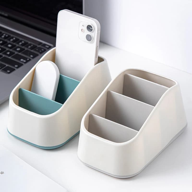 Porta Telecomandi con 4 Scomparti, Scatola Portaoggetti da Scrivania, Contenitore Trapezoidale per Telecomandi TV e Telefoni, Organizer per Cancelleria, per Casa e Hotel