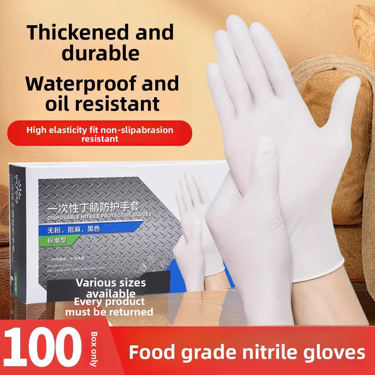 Guanti monouso in nitrile bianco da 100 pezzi Guanti per la pulizia della casa Cucina Cucina Tatuaggio Strumenti per animali domestici Lattice impermeabile gratuito