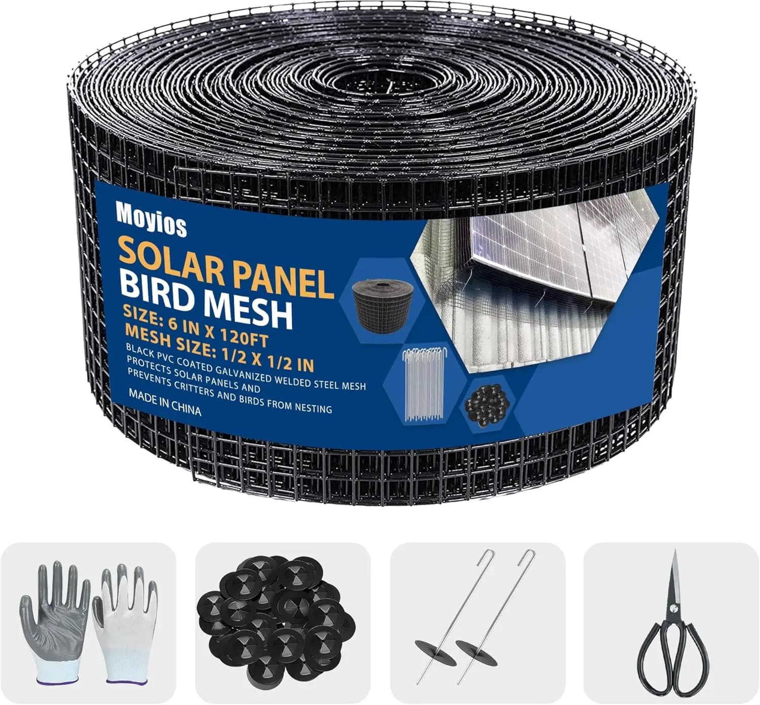 Rete anti-uccelli in acciaio rivestito in PVC nero da 6 pollici x 120 piedi con 80 clip di fissaggio per la protezione di pannelli solari e contro animali e insetti.