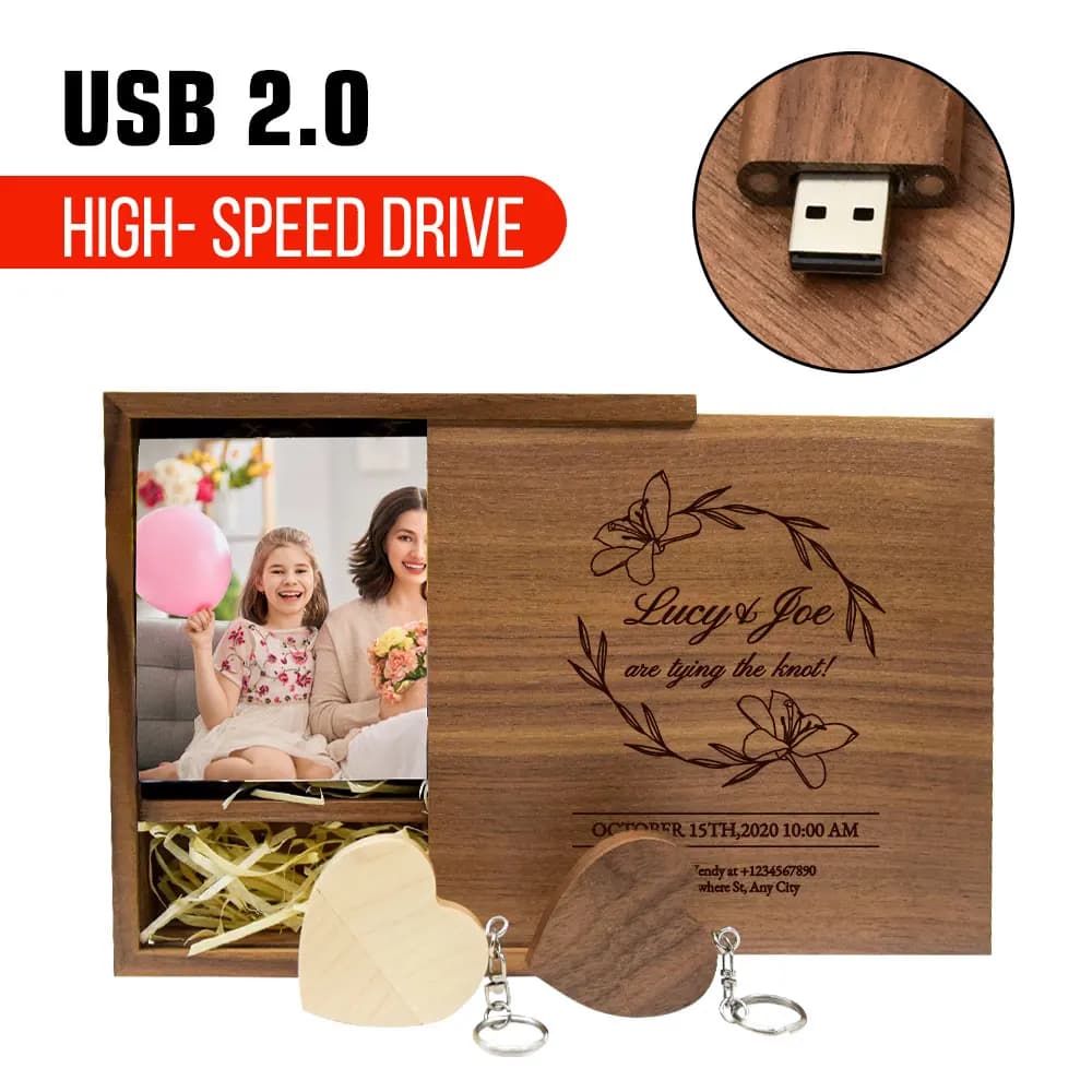 Chiavette USB 2.0 LOGO GRATUITO Scatola di legno Album fotografico Pen drive 128 GB 64 GB Fotografia Regalo di nozze Memory stick U disk
