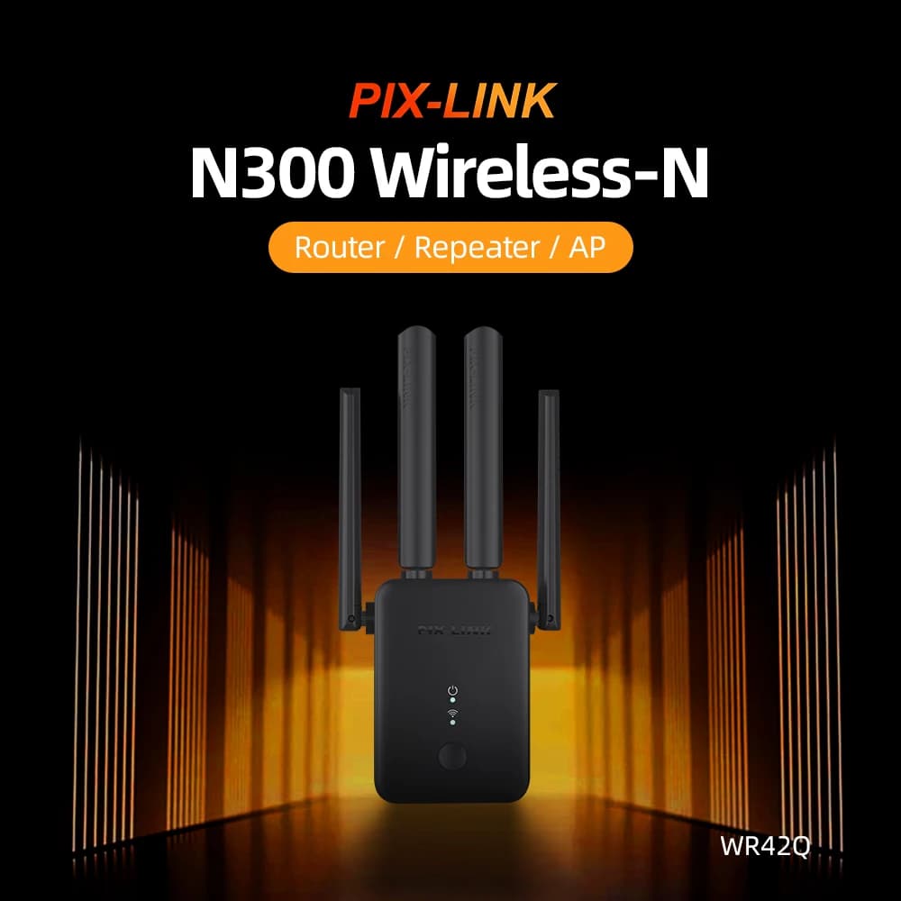 PIX-LINK WR42Q Ripetitore WiFi 300Mbps, Router Wireless N, Estensore di Segnale 2.4GHz per Casa, Modalità WPS AP, Forte Penetrazione delle Pareti