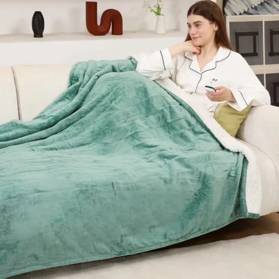 Coperta Elettrica Riscaldante Completa in Flanella e Sherpa, Lavabile, con 6 Livelli di Riscaldamento e 1 Funzione