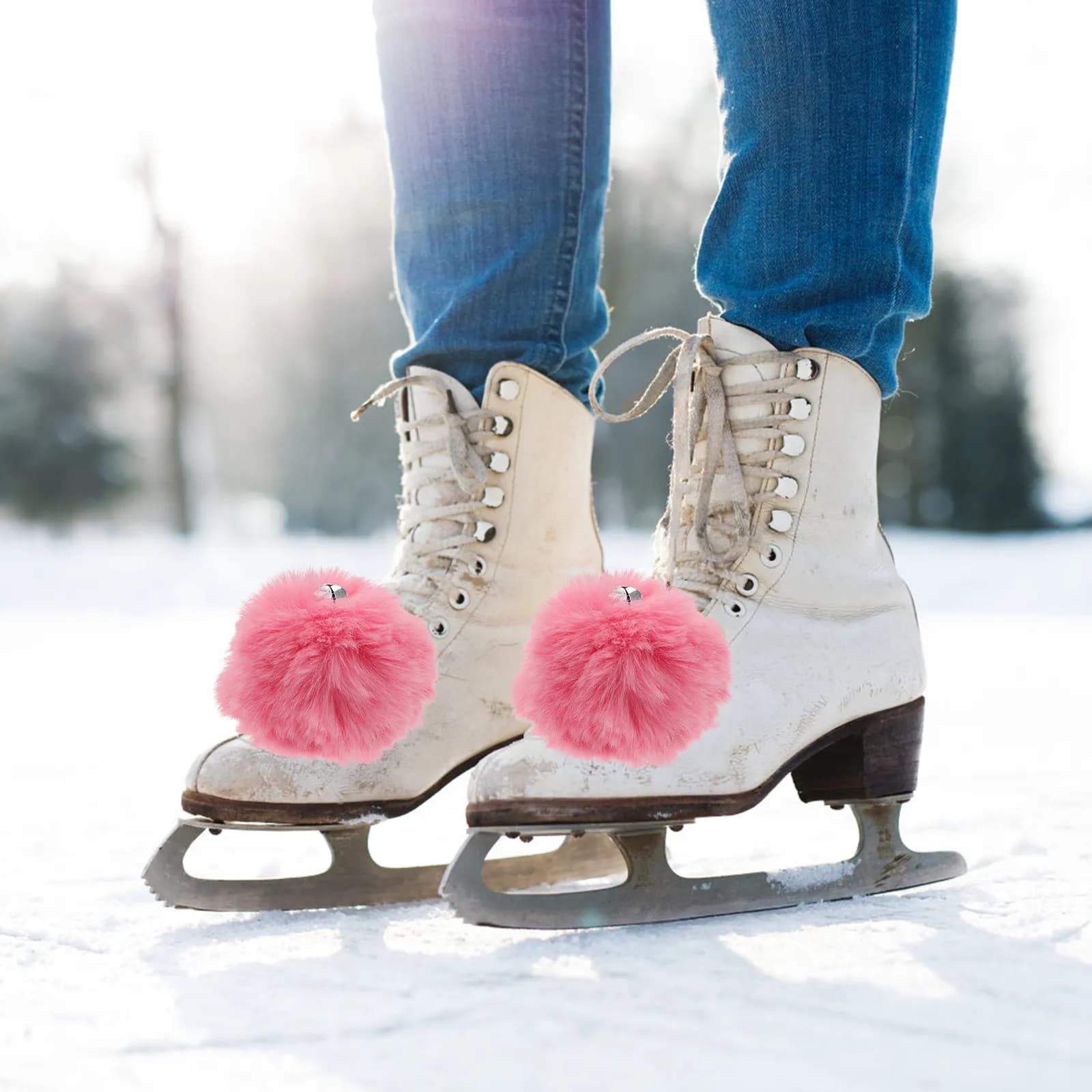 2 Paia di Lacci Decorativi con Pompon per Pattini a Rotelle, Lacci da Annodare per Scarpe da Ghiaccio e Attrezzatura da Pattinaggio