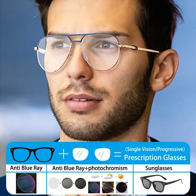 Male Double-beam Toad Eyebrows Frame Myopia Photochromic Anti Blue Ray Men Sunglasses Presbyopic Hyperopia Prescription Glasses