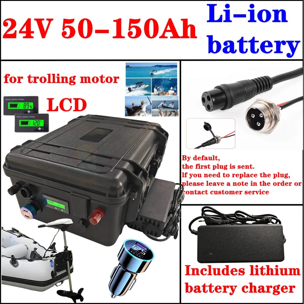 Waterproof ip67 24V 50Ah 60Ah 80Ah 100Ah 120Ah 150Ah Lithium ion battery with BMS for trolling motor solar system+10A Charger