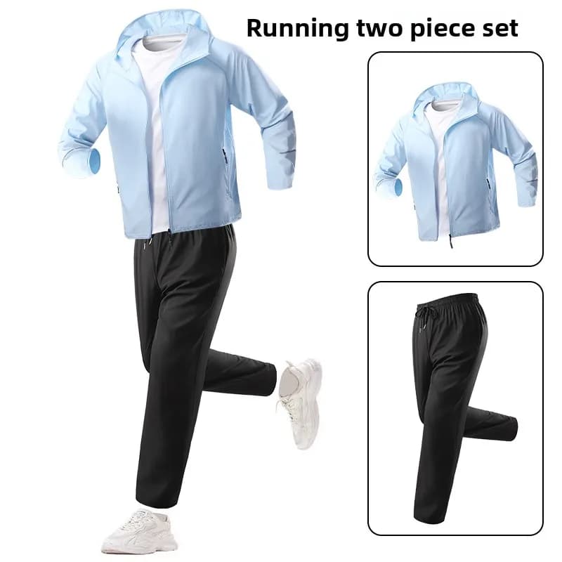 Tuta Sportiva da Uomo Primaverile/Estiva, Set 2 Pezzi, Giacca Protettiva Solare + Pantaloni, Completo da Corsa, Pesca e Jogging