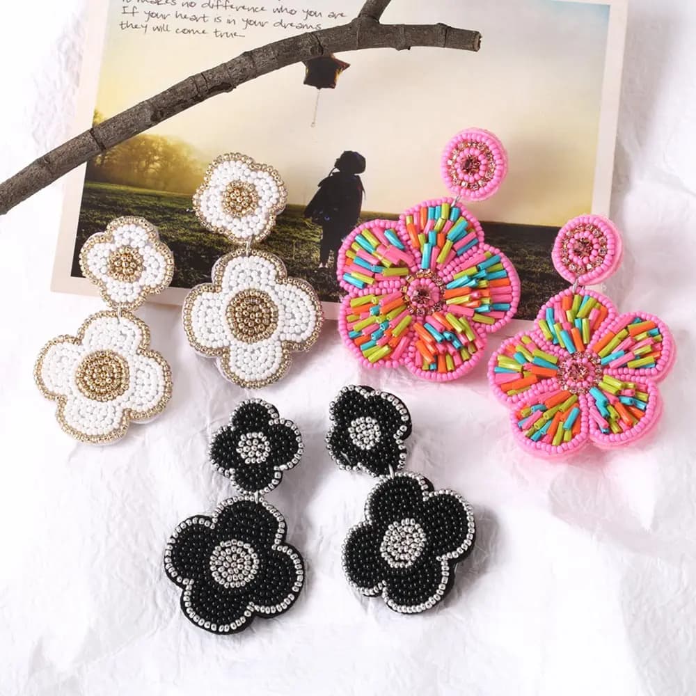 FLOLA Kralen Oorbellen flower earrings of pink woven pendants handmade for women jewelry Boho erss12