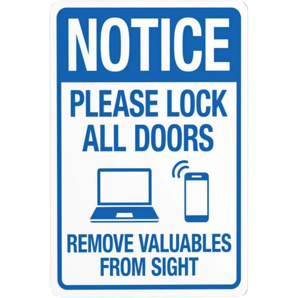 Targa in metallo 2D, 8x12 pollici, segnale di sicurezza in metallo - Chiudere tutte le porte e rimuovere oggetti di valore in vista, icona telecamera di sicurezza - Resistente W