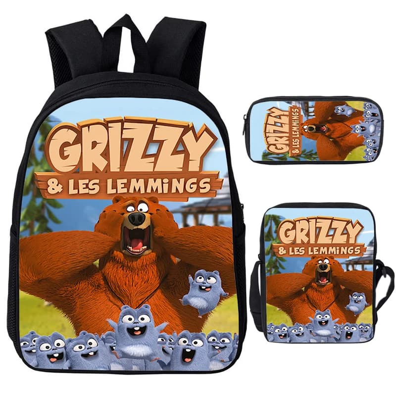 3pcs Grizzy And The Lemmings Print Backpack Shoulder Bag Pencil Bag Set School Bags Girls Boys Durable Bookbag Children Backpack