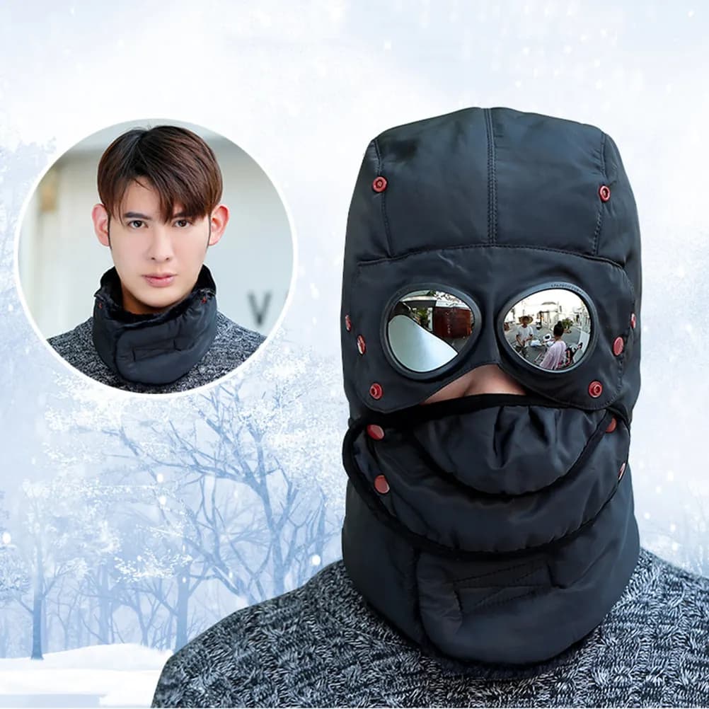 1Pcs Winter Windproof Goggles Mask Cap Thickened Trap Hat Black Outdoor Ski Cycling Ear Cover Warm Protection Winter Cap
